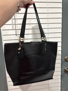Classic Black Tote with Front Pocket and Gold Accents